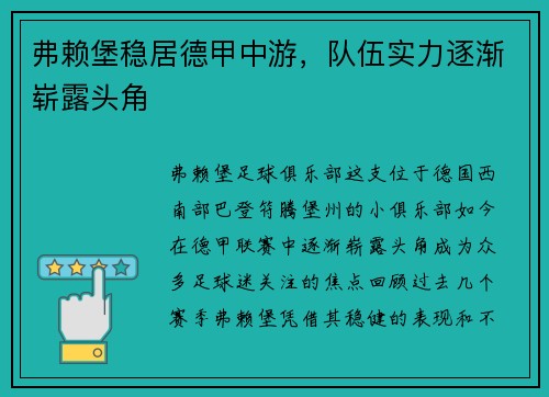弗赖堡稳居德甲中游，队伍实力逐渐崭露头角