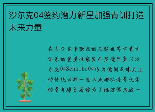 沙尔克04签约潜力新星加强青训打造未来力量