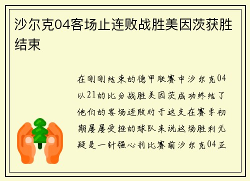 沙尔克04客场止连败战胜美因茨获胜结束