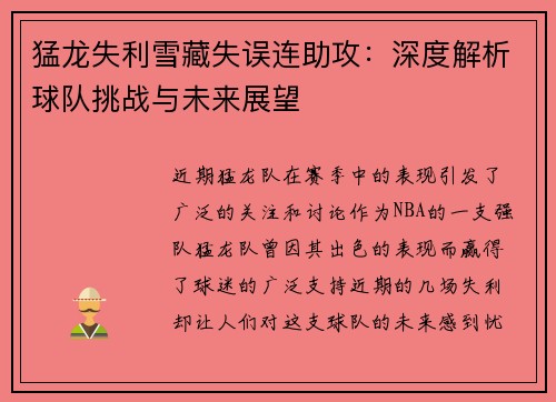 猛龙失利雪藏失误连助攻：深度解析球队挑战与未来展望